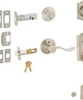 Camelot Right Hand Accent Lever With Double Cylinder Handle In Satin Nickel Finish For Doors shown with components and keys