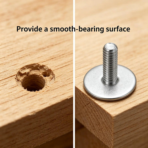 40 Pcs 1/4 Fender Washers Set in 304 Stainless Steel, showing washer securing bolt in wooden surface for smooth bearing.