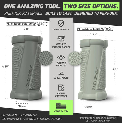 Angled Barbell Grips Pro for Joint Support and Muscle Activation, showing two size options with ergonomic design, Made in USA
