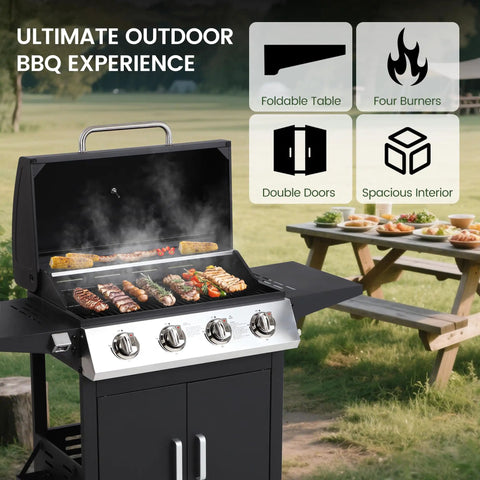 Four Burner Propane Gas BBQ Grill With 40,000 BTU Power, stainless steel build, foldable tables, grilling food outdoors