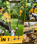 4 In 1 Cordless Pole Saw And Electric Pruning Shears with 8 Inch Brushless Mini Chainsaw, 15 ft reach, cutting tree branches.