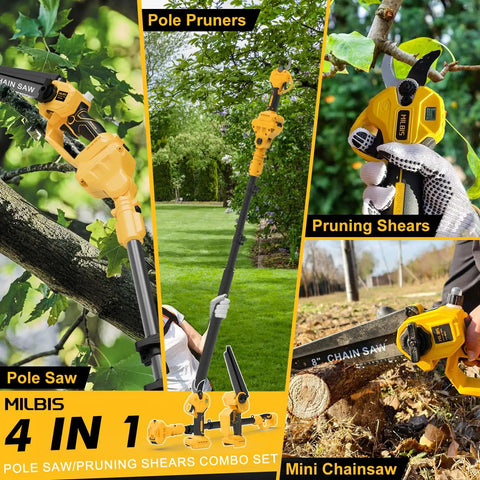 4 In 1 Cordless Pole Saw And Electric Pruning Shears with 8 Inch Brushless Mini Chainsaw, 15 ft reach, cutting tree branches.