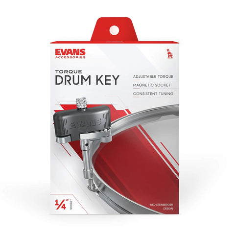 Torque Key For Drums With Magnetic Head, Adjustable Tension, And Ergonomic Handle packaging with key on drum rim.