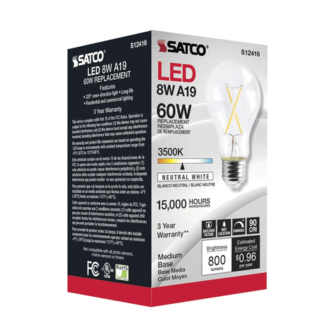 Packaging of Dimmable LED Filament Bulbs S12416 810 Lumens 8W A19 E26 Medium Base 3500K Neutral White 90 CRI Wet Location Rated 120V