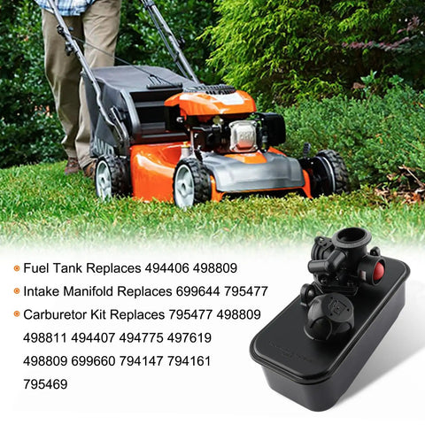 Top Shelf Yard Warrior Kit Featuring Fuel Tank Intake Manifold And 795477 Carburetor Kit With Air Filter on a mower in use.