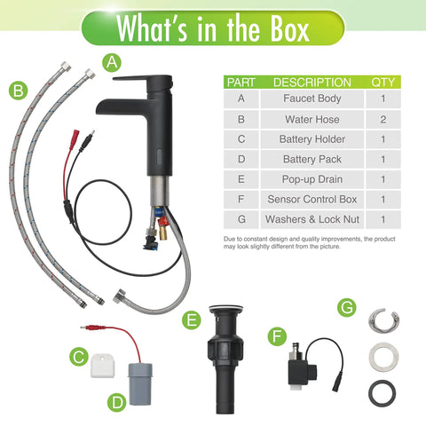Image showing components for Touchless 4-Inch Centerset Matte Black Bathroom Faucet With Motion Sensor, unassembled parts.