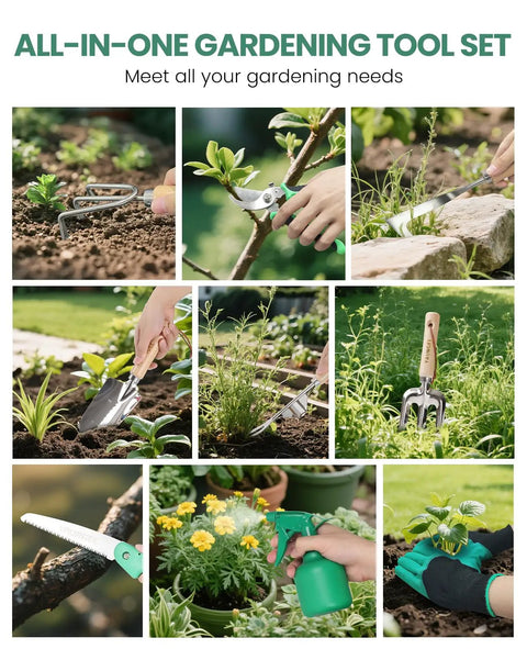 Collage of Top Notch 10 Piece Heavy Duty Garden Tool Set With Stainless Steel Tools And Wooden Handles in use for various gardening tasks