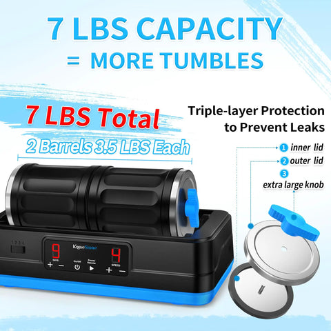 Ultra Quiet Brushless Rock Tumbler Kit With Dual 7Lb Barrels, showing triple-layer protection and control display.