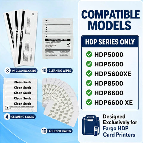 Complete Card Printer Maintenance Kit Compatible With Fargo HDP Models Featuring IPA Scrub Wipes Adhesive Cleaners And Foam Swabs To Keep Your Badge Rig Running Slick includes cleaning cards and wipes.