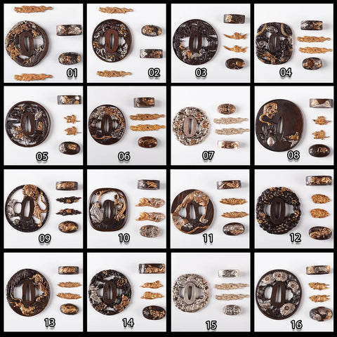 Grid of Gold And Silver Plated Brass Tsuba Set With Kashira, Fuchi, And Menuki For Katana Wakizashi And Tanto Handguard Mountings