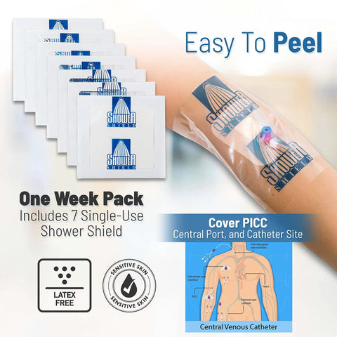 Catheter Shower Cover 7x7 Inch, Waterproof Disposable Shield For PICC Lines And Dialysis Ports, pack of 7 displayed.