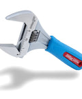 Six Inch WideAzz Adjustable Wrench With Beefy 75 Percent Wider Jaws for tight spaces, laser engraved scales, and blue handle.