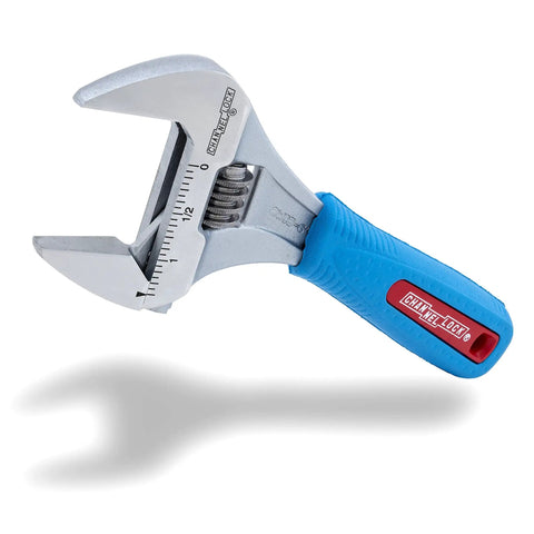 Six Inch WideAzz Adjustable Wrench With Beefy 75 Percent Wider Jaws for tight spaces, laser engraved scales, and blue handle.