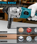 Brushless Cordless Sheet Metal Nibbler For Makita 18V Battery cutting through aluminum sheet with defined cutting range.