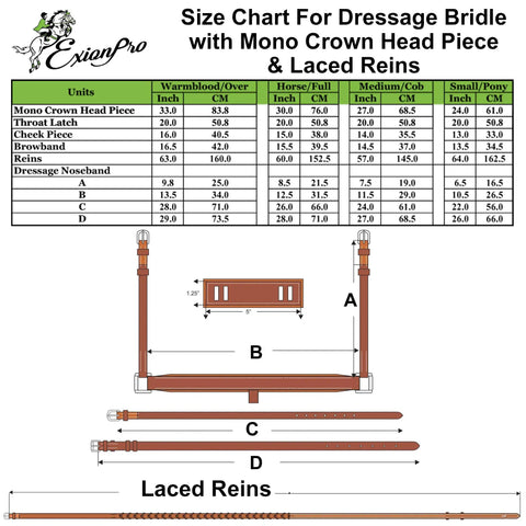 Size chart for Dressage Bridle With Web Reins Broad Anatomical Crownpiece Crank Noseband And Designer Wave Browband