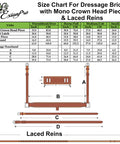 Dressage Bridle With Web Reins And Hand Stoppers size chart and details of broad anatomical crownpiece