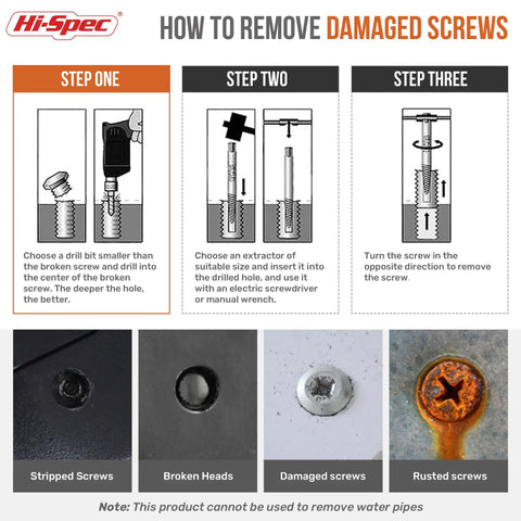 10 Piece Screw Extractors And HSS Drill Bit Set With Left Hand Spiral Flute Removers For Broken, Damaged And Stripped Screws Studs And Bolts Easy Out Included usage steps diagram