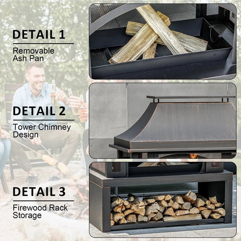 39 Inch Fire Pit With Wood Storage showing ash pan, chimney design, and firewood rack storage.