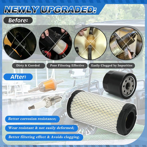 EZGO Golf Cart Tune Up Kit showing air, oil, fuel filters and spark plug for Kawasaki 4-cycle engines with performance notes.