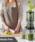 AMZCHEF Cold Press Juicer With 5.4 Inch Slow Masticating Wide Feed Chute, Automatic Cutting Feature for hands-free vegetable extraction.