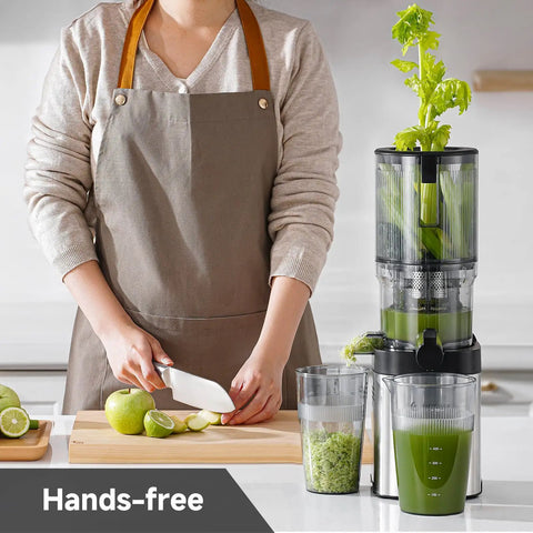AMZCHEF Cold Press Juicer With 5.4 Inch Slow Masticating Wide Feed Chute, Automatic Cutting Feature for hands-free vegetable extraction.