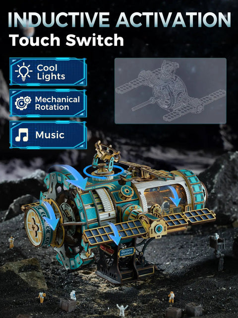 Space Station Rotating Mechanical Puzzle Kit With Lights And Motor, 511 Piece 3D STEM Project For Adults, Sci Fi Bookshelf Decor, Interactive Build For Beginners, A Totally Sick Gift For Men Women Teens 14 Plus, shown with touch switch