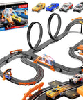 Epic Slot Car Race Track Set For Kids With 29 Foot Electric Track, showing track layout, 4 slot cars, and loop sections