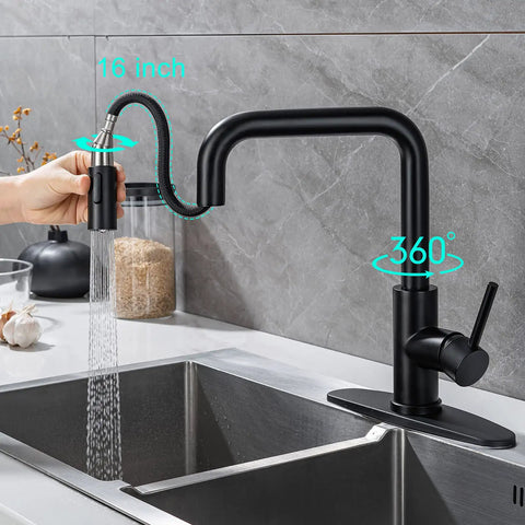Matte Black Kitchen Faucet With Pull Out Sprayer, Single Handle Stainless Steel Sink Fixture, 360 Degree Swivel Spout on sink