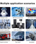 Collage showing use cases for technology products: intelligent robot, monitoring equipment, LED display, automation, audio, network, vehicle, rail, aerospace.
