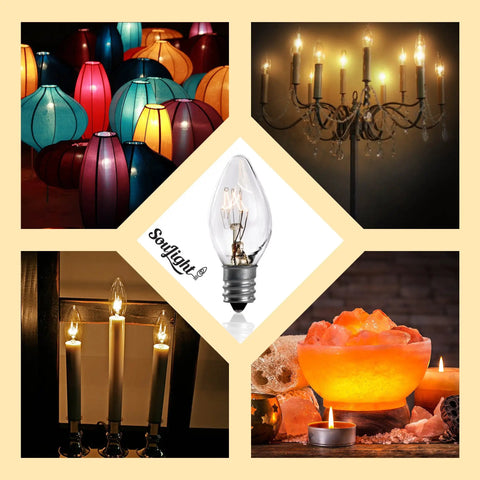 7 Watt Night Light Replacement Bulbs 12 Pack For C7 Lamps With E12 Candelabra Base 120V 45 Lumen Clear Glass Incandescent Bulbs For Salt Lamps And Small Night Lights displayed in various lighting settings