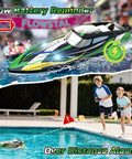 Amped Up Turbo Charged RC Speed Boat With LED Lights Self Righting Hull 30 Plus KMH Top Speed Two Batteries For 24 Plus Minutes Of Run Time 2 4GHz Remote Control Racing Boat For Pool Lake And Outdoor Fun For Kids And Adults in action with children by the pool