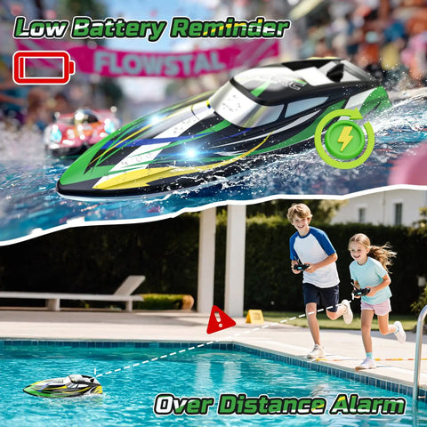Amped Up Turbo Charged RC Speed Boat With LED Lights Self Righting Hull 30 Plus KMH Top Speed Two Batteries For 24 Plus Minutes Of Run Time 2 4GHz Remote Control Racing Boat For Pool Lake And Outdoor Fun For Kids And Adults in action with children by the pool