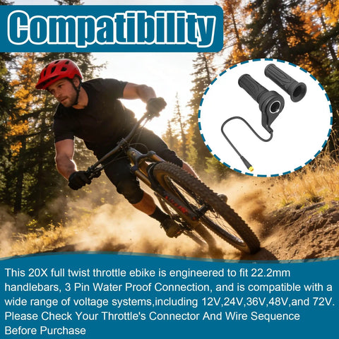 20X Full Twist Throttle Grip With Waterproof Connector For Ebikes 12V-72V Rugged Rubber Grip For Electric Bikes, E-Scooters, Mountain Bikes And Scooters