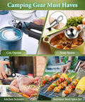 Camping Cooking Utensils Set With Stainless Steel Grill Tools And Portable Kitchen Gear For Travel Tenting RV Van Picnics Green 13 Piece Road Trip Ready Cookware Essentials featuring can opener, soup spoon, kitchen scissors, and spice jar.