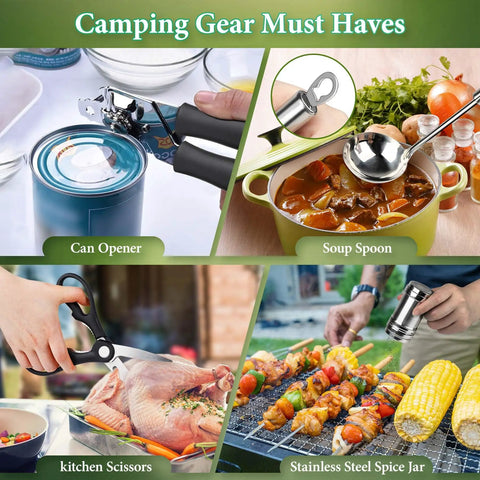 Camping Cooking Utensils Set With Stainless Steel Grill Tools And Portable Kitchen Gear For Travel Tenting RV Van Picnics Green 13 Piece Road Trip Ready Cookware Essentials featuring can opener, soup spoon, kitchen scissors, and spice jar.