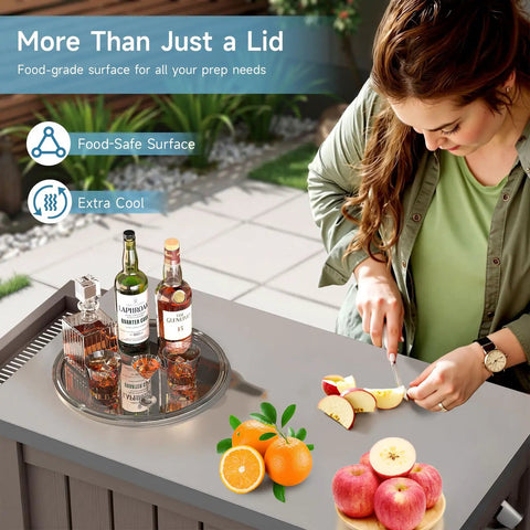 Woman using 120-Quart Patio Cooler With Wheels, Rollable Outdoor Ice Chest With Bottle Opener, Collapsible Side Shelf And Drain Rack, Stainless Steel Lid, Party Ready For BBQs, Camping And Backyard Gatherings, Brown as prep surface.