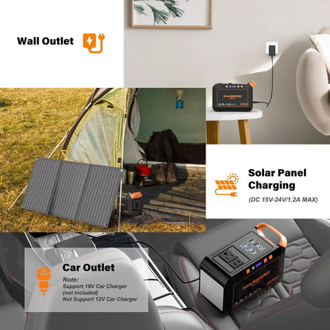 Portable Solar Generator 111Wh Power Station With 30W Solar Panel Included for camping, showing charging options in different settings.