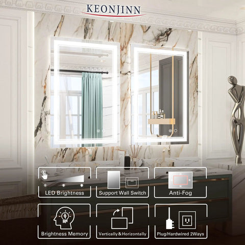 24 By 32 Inch LED Bathroom Mirror With Dimmable 6000K Front Lit Anti Fog Tempered Glass Touch Control Brightness UL Listed