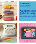 Straight Up Game Changer Bluetooth Portable Handheld Label Maker Includes Three Half Inch Label Tape Rolls For Seriously Organized Home And Office Vibes, showing labeled containers and label maker.