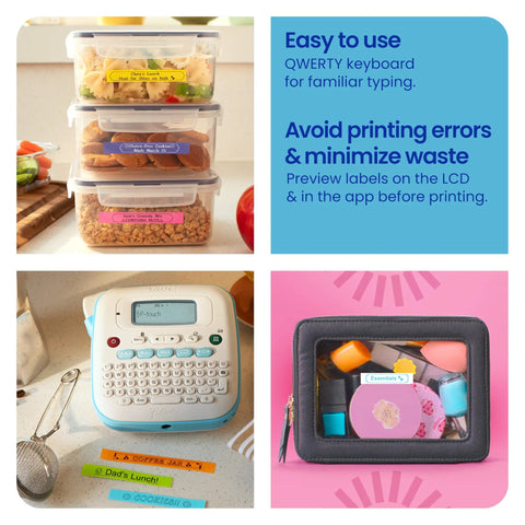 Straight Up Game Changer Bluetooth Portable Handheld Label Maker Includes Three Half Inch Label Tape Rolls For Seriously Organized Home And Office Vibes, showing labeled containers and label maker.