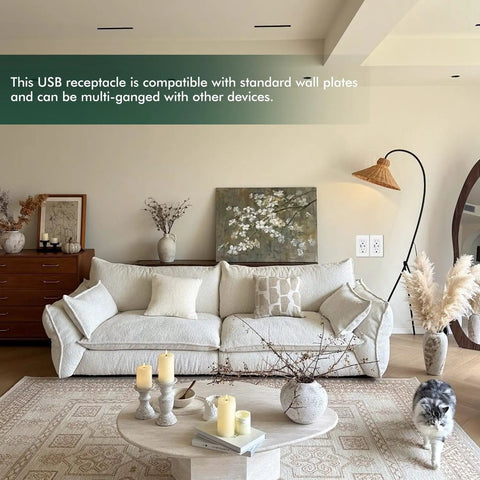 Beast Speed 65W GaN Fast Wall Charger Featuring Dual USB C And Type A Ports, Tamper Resistant UL Certified Outlet 10 Pack shown in a cozy living room.