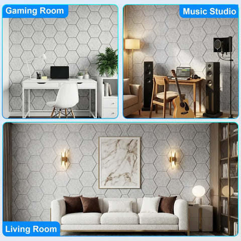 Flex Ready Hexagon Acoustic Panels 12 Pack Self Adhesive Sound Deadening Foam Wall Tiles used in a gaming room, music studio, and living room.