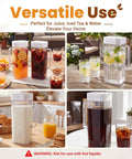 Two 64oz Leakproof Plastic Pitchers With Lids For Fridge Door, shown with drinks like lemonade, iced tea, and milk