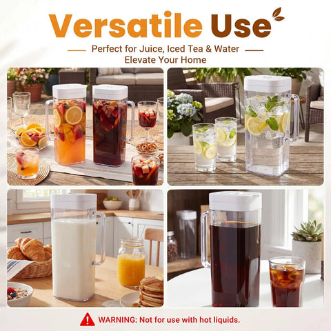 Two 64oz Leakproof Plastic Pitchers With Lids For Fridge Door, shown with drinks like lemonade, iced tea, and milk