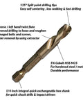 Hardworking Stubby Left Hand Reverse Drill Bit And Screw Extractor Set, M35 Cobalt Bits with 1/4 Inch Hex Shank, SAE Size 5/64