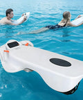Electric Hydrofoil Surfboard For Grownups, Dual Mode Motorized Jetboard in water with two swimmers, four speed levels visible