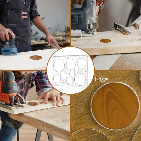 Pro Grade Router Templates for Woodworking Kit with Circle Inlay Templates shown in use on wood projects, various sizes visible
