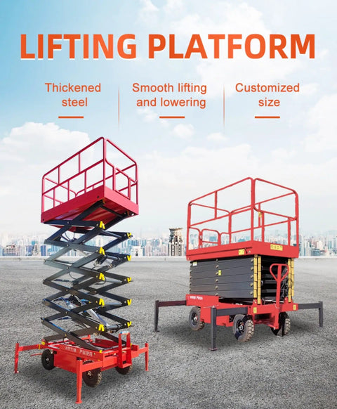 Two Heavy Duty Hydraulic Scissor Work Platform Lifts with massive load capacity, showcasing compact builds for indoor/outdoor use.