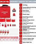 OSHA Compliant Lockout Tagout Kit 58 Piece Pro Grade Electrical Safety Set With Padlocks, Hasps, Circuit Breaker Locks, Tags, Zip Ties And Portable Bag For Industrial Equipment showing bag and components.