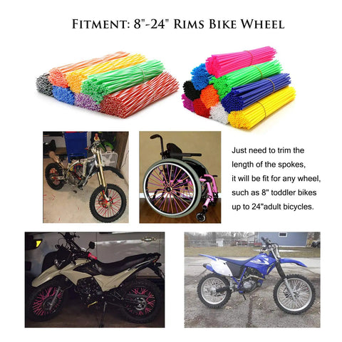 Colorful spoke wraps display with bikes featuring 72pcs Universal Wheel Spoke Wraps Skins For Motorcycle Dirt Bike Rims